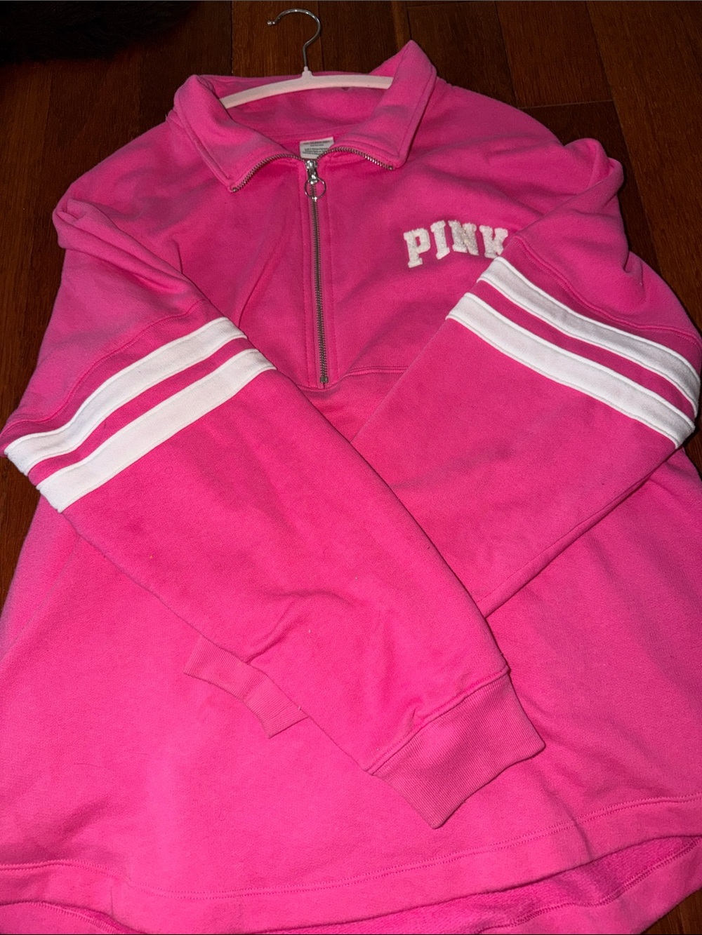 PINK Victoria's Secret Hot Pink Quarter-Zip Pullover with White Sleeve Stripes